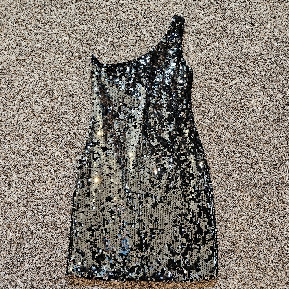 As U Wish Black and Silver Sequin One-Shoulder Dress Medium